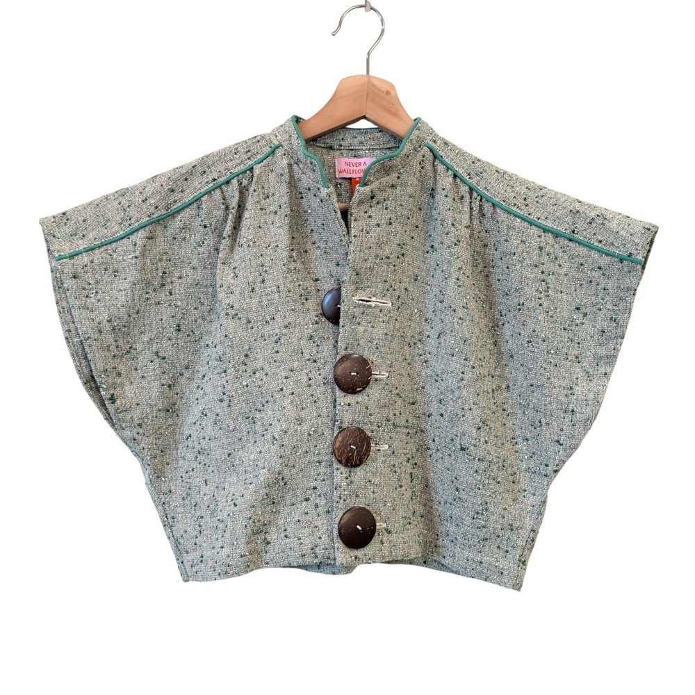 Never A Wallflower Green Textured Cropped Jacket Dolman Sleeve XS Artsy Retro